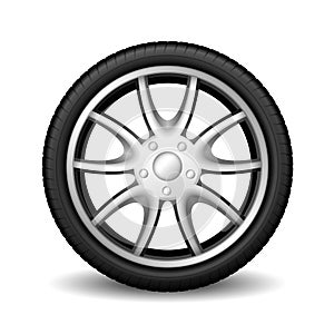 Aluminum wheel car tire racing on white background, realistic 3d vehicle tire