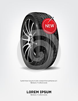 Aluminum wheel car tire style racing on white background vector illustration. Tire shop, tyres change auto service. Realistic vect