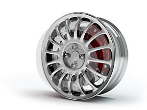 Aluminum wheel image 3D high quality rendering. White picture figured alloy rim for car, tracks. Best used for Motor Show