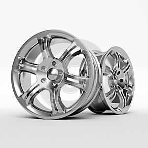 Aluminum wheel image 3D high quality rendering. White picture figured alloy rim for car, tracks. Best used for Motor Show