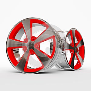 Aluminum wheel image 3D high quality rendering. White picture figured alloy rim for car, tracks. Best used for Motor Show