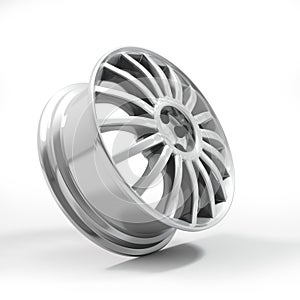 Aluminum wheel image 3D high quality rendering. White picture figured alloy rim for car, tracks. Best used for Motor Show promotio