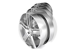 Aluminum wheel image 3D render high quality rendering. White picture figured alloy rim for car, tracks