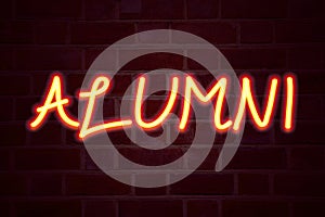 Alumni Former Students neon sign on brick wall background. Fluorescent Neon tube Sign on brickwork Business concept for Celebratio