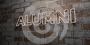 ALUMNI - Glowing Neon Sign on stonework wall - 3D rendered royalty free stock illustration