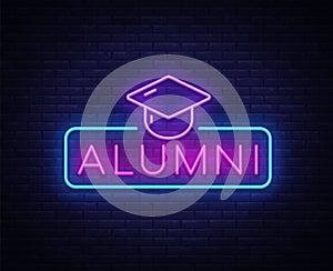 Alumni Neon Sign Vector. Graduation neon symbol, design template, modern trend design, night neon signboard, night
