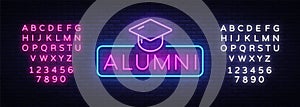 Alumni Neon Sign Vector. Graduation neon symbol, design template, modern trend design, night neon signboard, night