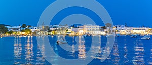 Alyki touristic area at Paros island in Greece at blue hour.