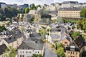 Alzette River, and Cityscape Panorama of Old Town, Luxembourg