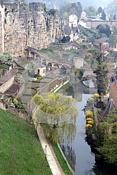 Alzette river and town wall in Luxembourg City photo