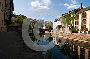 The Alzette river winding through Grund, Luxembourg