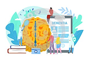 Alzheimer brain disease, old man woman character with dementia vector illustration. Medical help for senior, elderly