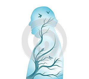 Alzheimer concept. Senile dementia. Silhouette of senior profile with blue sky - tree branches and birds