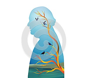 Alzheimer concept. Senile dementia. Silhouette of senior profile with tree branches and birds