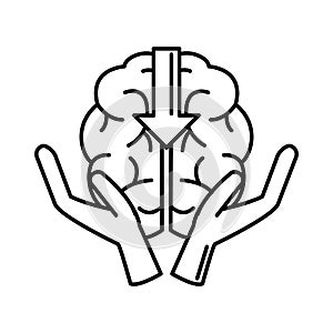 Alzheimer disease, hands holding brain, decrease in mental human ability line style icon