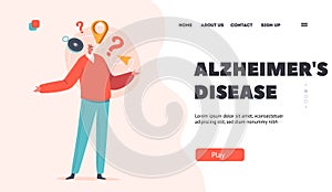 Alzheimer Disease Landing Page Template. Old Male Character Forget Address and Lost in the City. Forgetful Senior Man