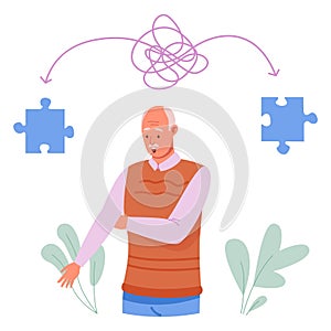 Alzheimer man. Dementia elderly people, treatment memory disease, care old brain of senior, vector illustration