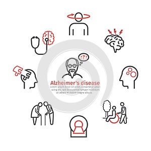 Alzheimer`s disease and dementia banner. Symptoms. Line icons set. Vector signs for web graphics.