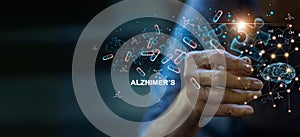 Alzheimer`s disease and dementia, memory loss, Elderly female hand holding a jigsaw puzzle with icon medicine brain