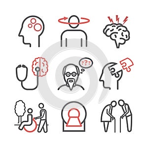 Alzheimer`s disease and dementia. Symptoms. Line icons set. Vector signs for web graphics.