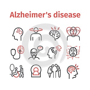 Alzheimer`s disease and dementia. Symptoms. Line icons set. Vector signs for web graphics.