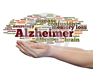 Alzheimer`s disease symtoms abstract word cloud held in hands