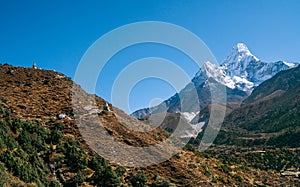 Ama Dablam 6814m peak covered with snow and ice. Imja Khola valley in  Sagarmatha National Park. Everest Base Camp EBC trekking