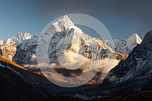 Ama Dablam 6856m peak near the village of Dingboche in the Khumbu area of Nepal, on the hiking trail leading to the