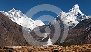 Ama Dablam and Lhotse with stupa