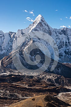 Ama Dablam mountain peak, famous peak in Everest base camp trekking route view from Chukung Ri, Himalaya mountains range in Nepal