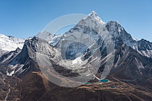 Ama Dablam mountain peak view from Dingboche view point, Everest or Khumbu region, Himalaya mountains range in Nepal