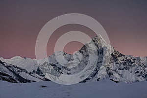 Amadablam peak at sunset in Khumbu valley in Nepal, Himalayas photo