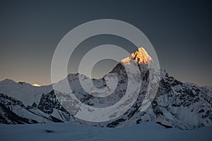 Amadablam peak at sunset in Khumbu valley in Nepal, Himalayas photo