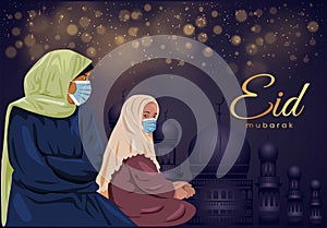 Amadan islamic worship. Prayer. Muslim worship wearing mask prevents coronavirus or COVID-19. Illustration vector, eid mubarak tem photo