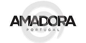 Amadora in the Portugal emblem. The design features a geometric style, vector illustration with bold typography in a modern font.