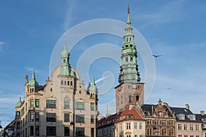 Amagertorv square buildings - Hojbrohus building and Nikolaj Kunsthal Tower - Copenhagen, Denmark