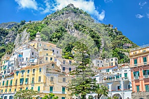 Amalfi cityscape bay at sunny day, Amalfi coast of Italy, Southern Europe