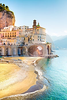 Amalfi cityscape on coast line of mediterranean sea, Italy