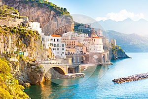 Amalfi cityscape on coast line of mediterranean sea, Italy