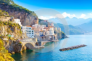 Amalfi cityscape on coast line of mediterranean sea, Italy