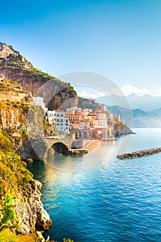 Amalfi cityscape on coast line of mediterranean sea, Italy