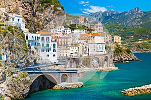 Amalfi cityscape on coast line of mediterranean sea, Italy