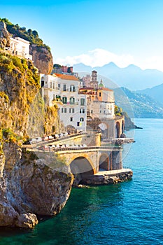 Amalfi cityscape on coast line of mediterranean sea, Italy