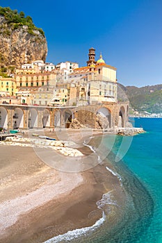 Amalfi cityscape on coast line of mediterranean sea, Italy