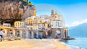 Amalfi cityscape on coast line of mediterranean sea, Italy