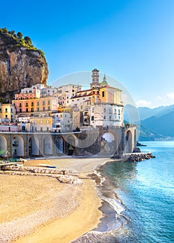 Amalfi cityscape on coast line of mediterranean sea, Italy