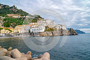 Amalfi cityscape on coast line of mediterranean sea, Italy