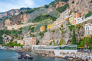 Amalfi cityscape on coast line of mediterranean sea, Italy