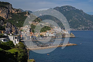 Amalfi cityscape on coast line of mediterranean sea, Italy