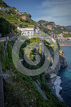 Amalfi cityscape on coast line of mediterranean sea, Italy